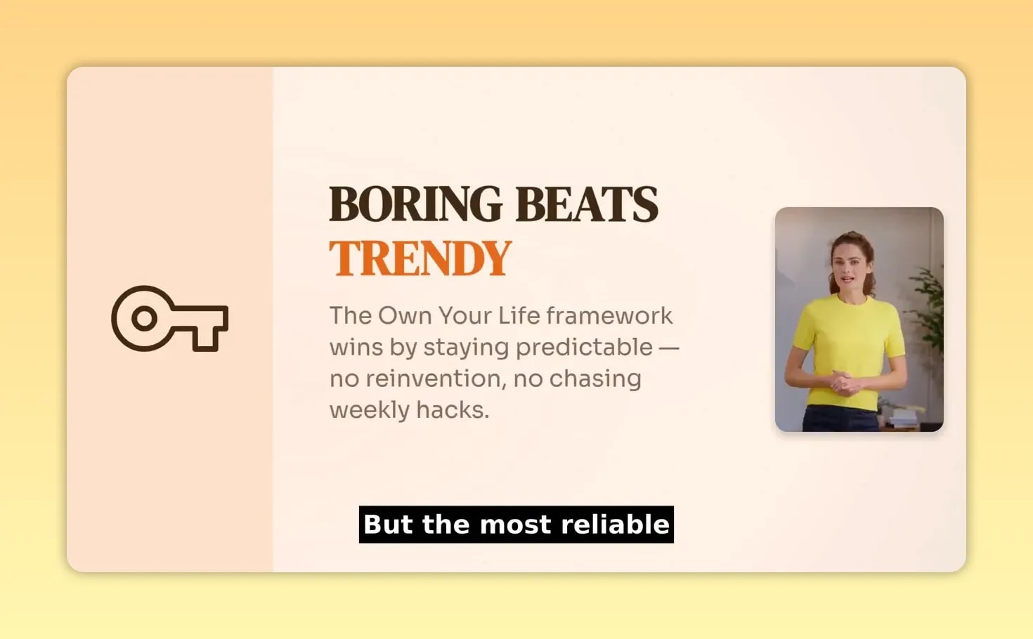 Slide reading Boring Beats Trendy with smaller explanatory text and speaker thumbnail on the right