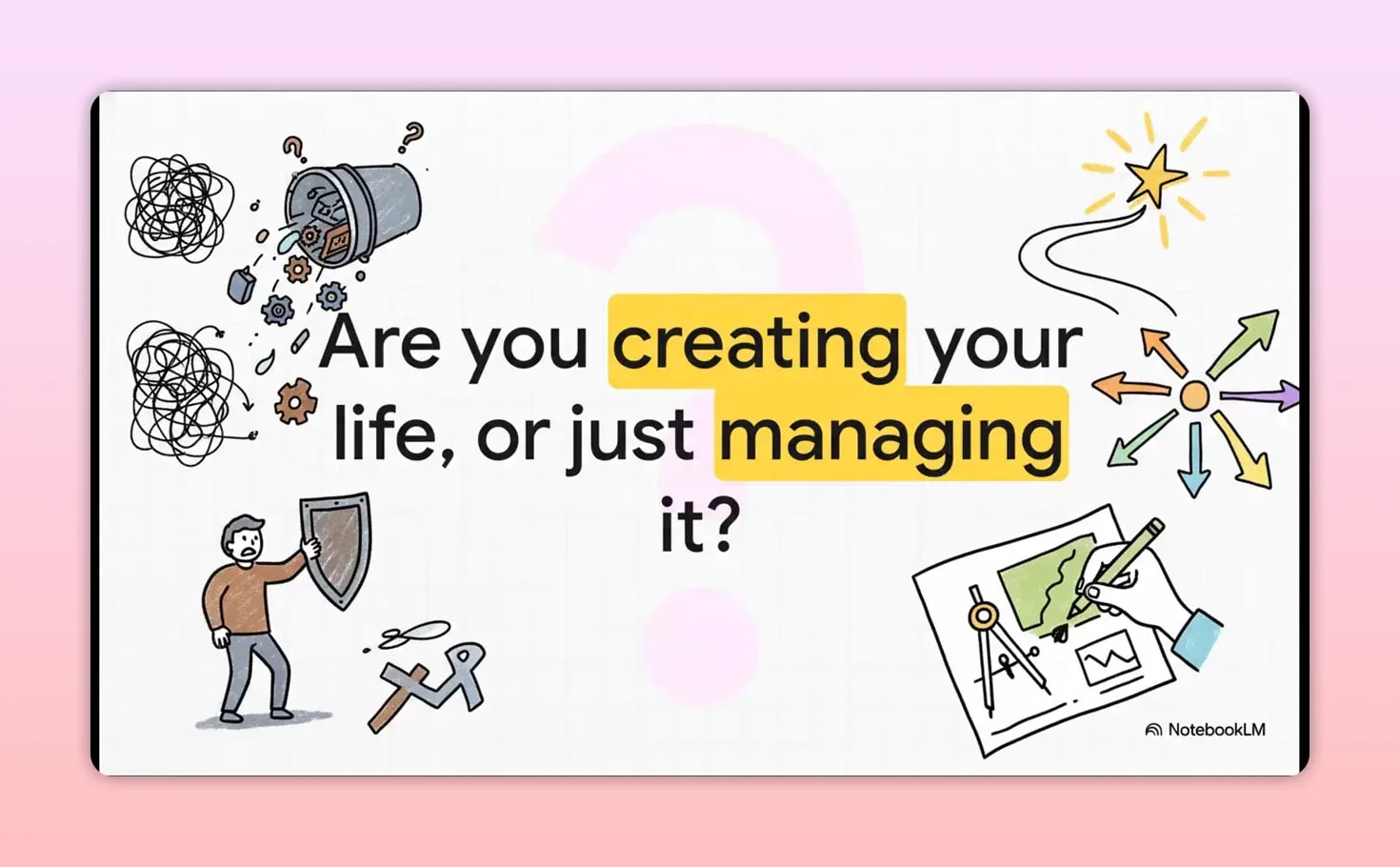 Slide reading Are you creating your life, or just managing it with doodles of chaos, tools, arrows, and a plan