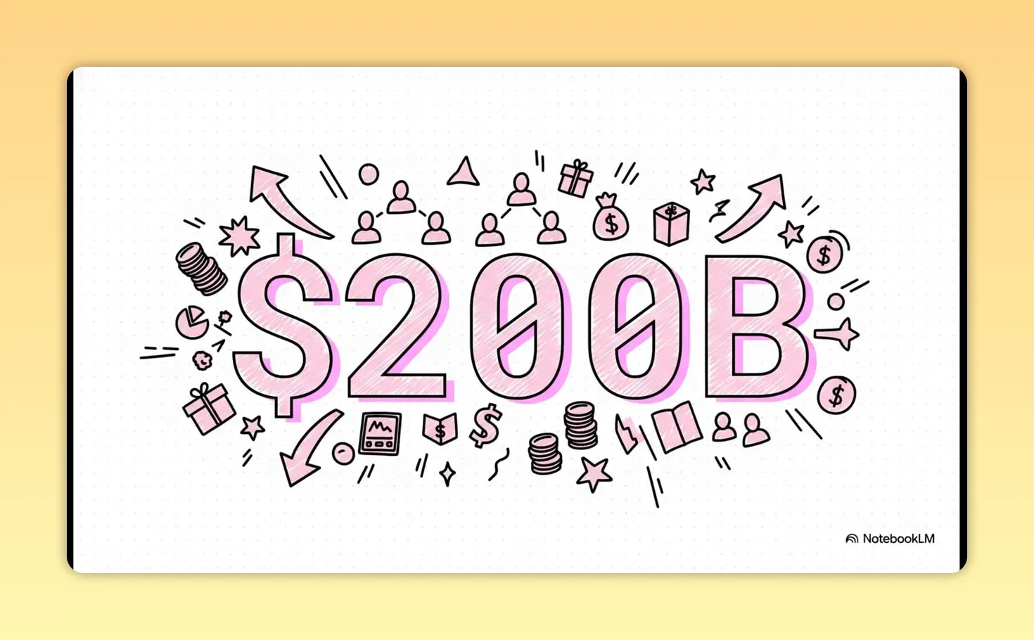 Large pink text reading $200M surrounded by doodles of money symbols, arrows, banknotes and coins