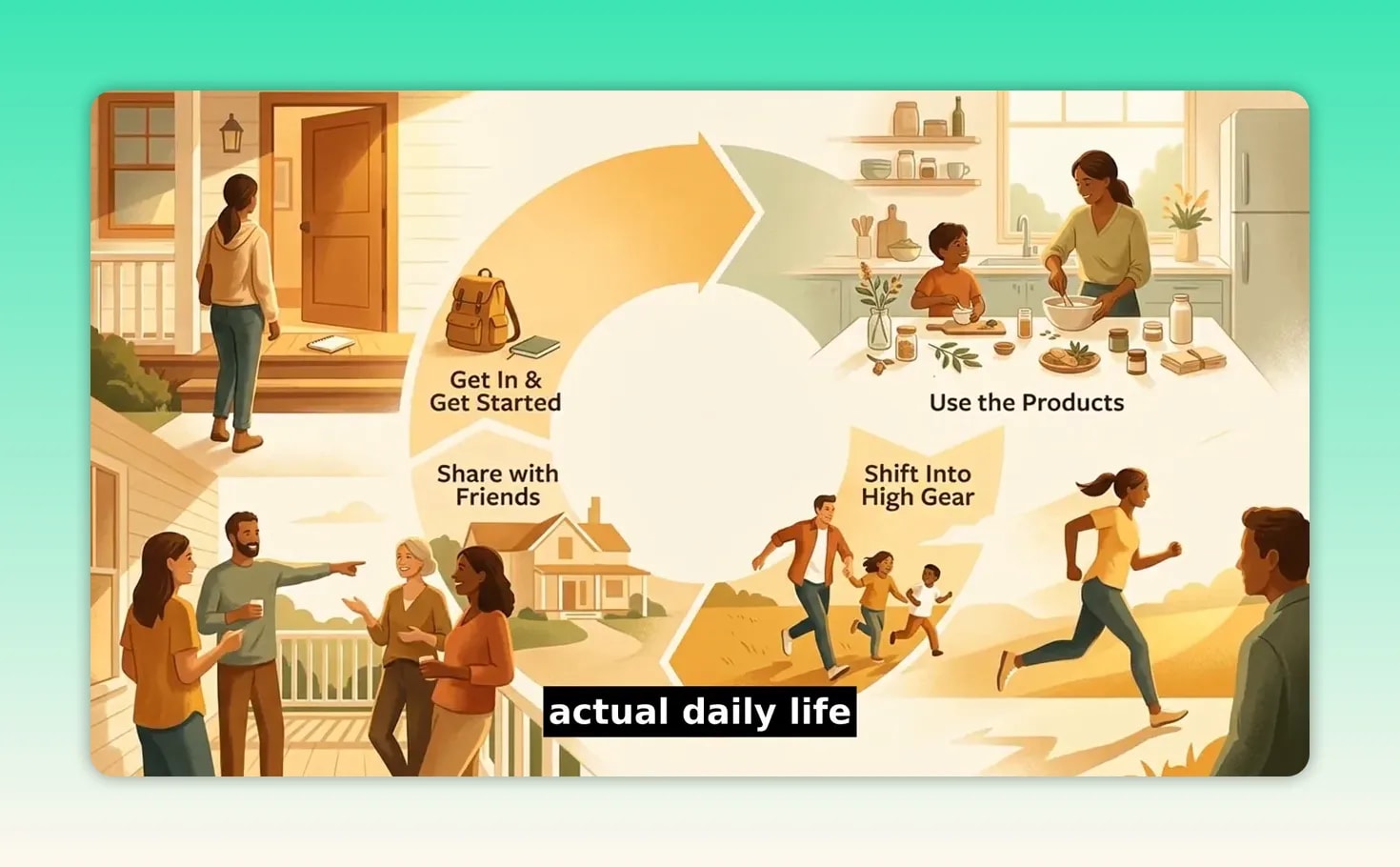 Illustrated circular diagram showing four steps including get in and get started, use the products, shift into high gear, and share with friends