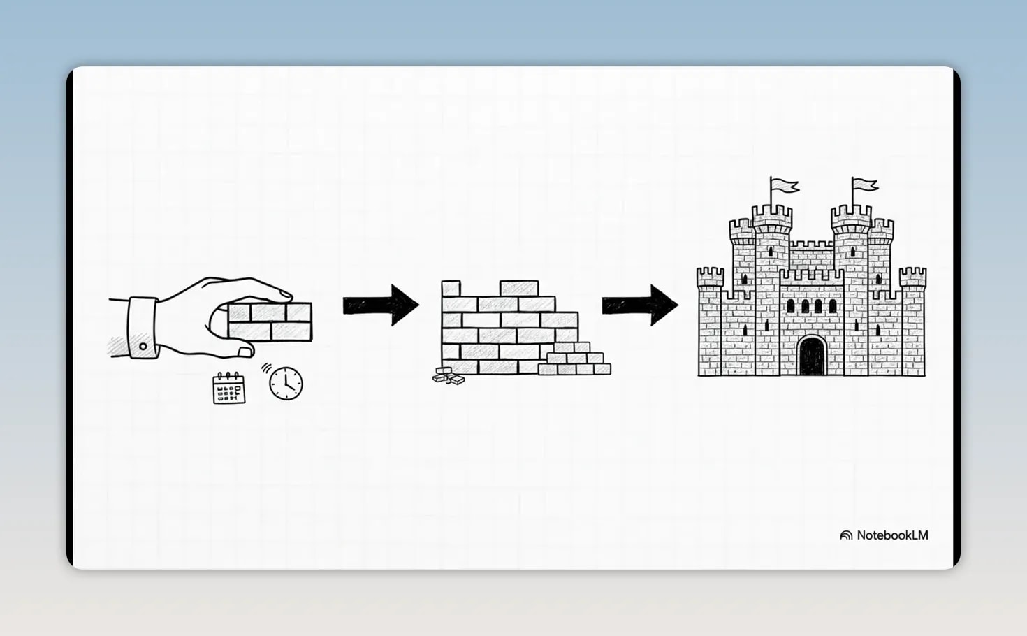 Stop Chasing Success: The Jim Rohn Method Explained for Beginners Simple diagram showing a hand with a brick leading to a wall and then a completed castle