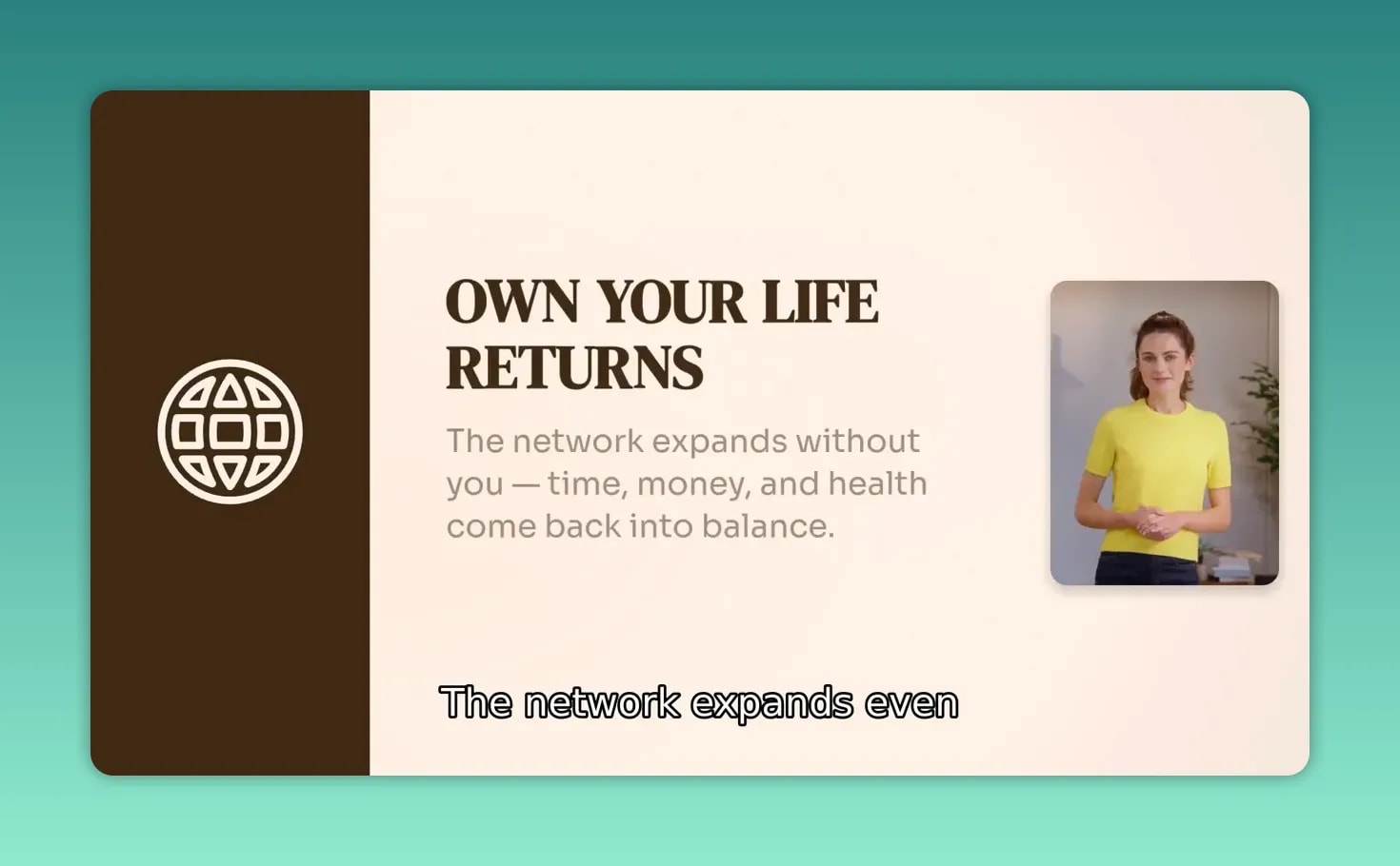 How to Biohack Your Schedule to Earn $500 a Day Without Selling Slide reading own your life returns with text about network expanding without you and time money health coming back into balance