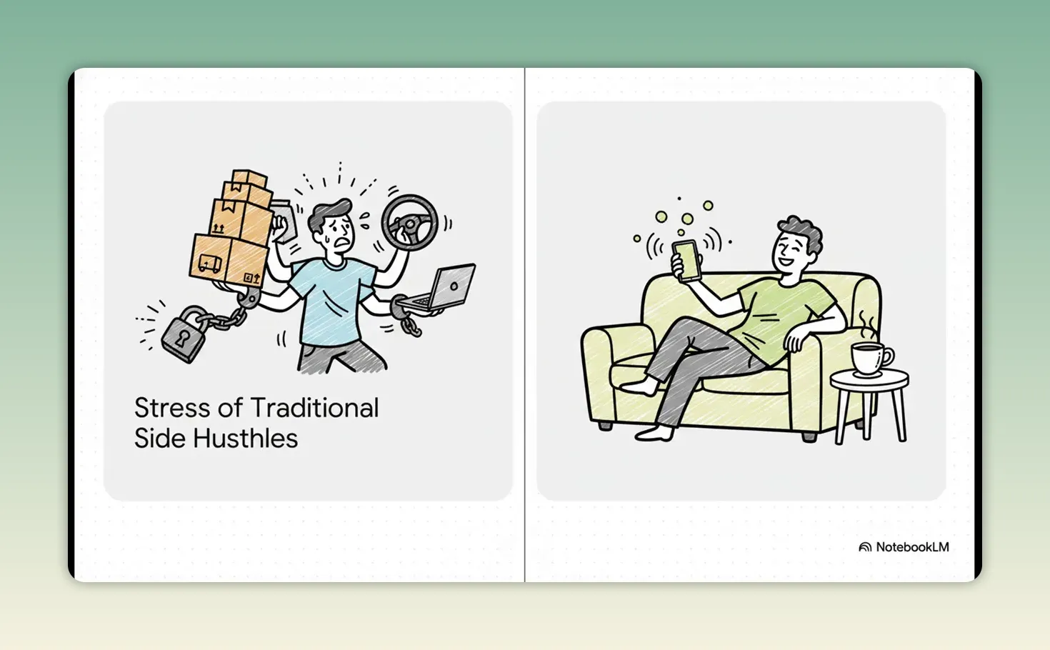 Split illustration showing stress of traditional side hustles on one side and a relaxed person on a sofa using a phone on the other