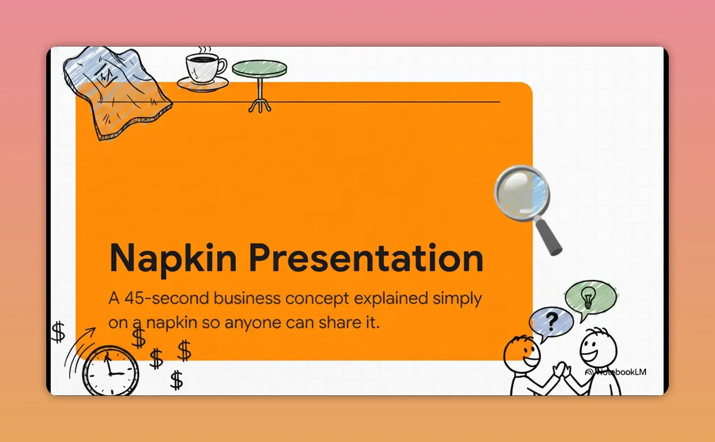 Orange slide titled Napkin Presentation with text describing a 45 second business concept explained simply on a napkin