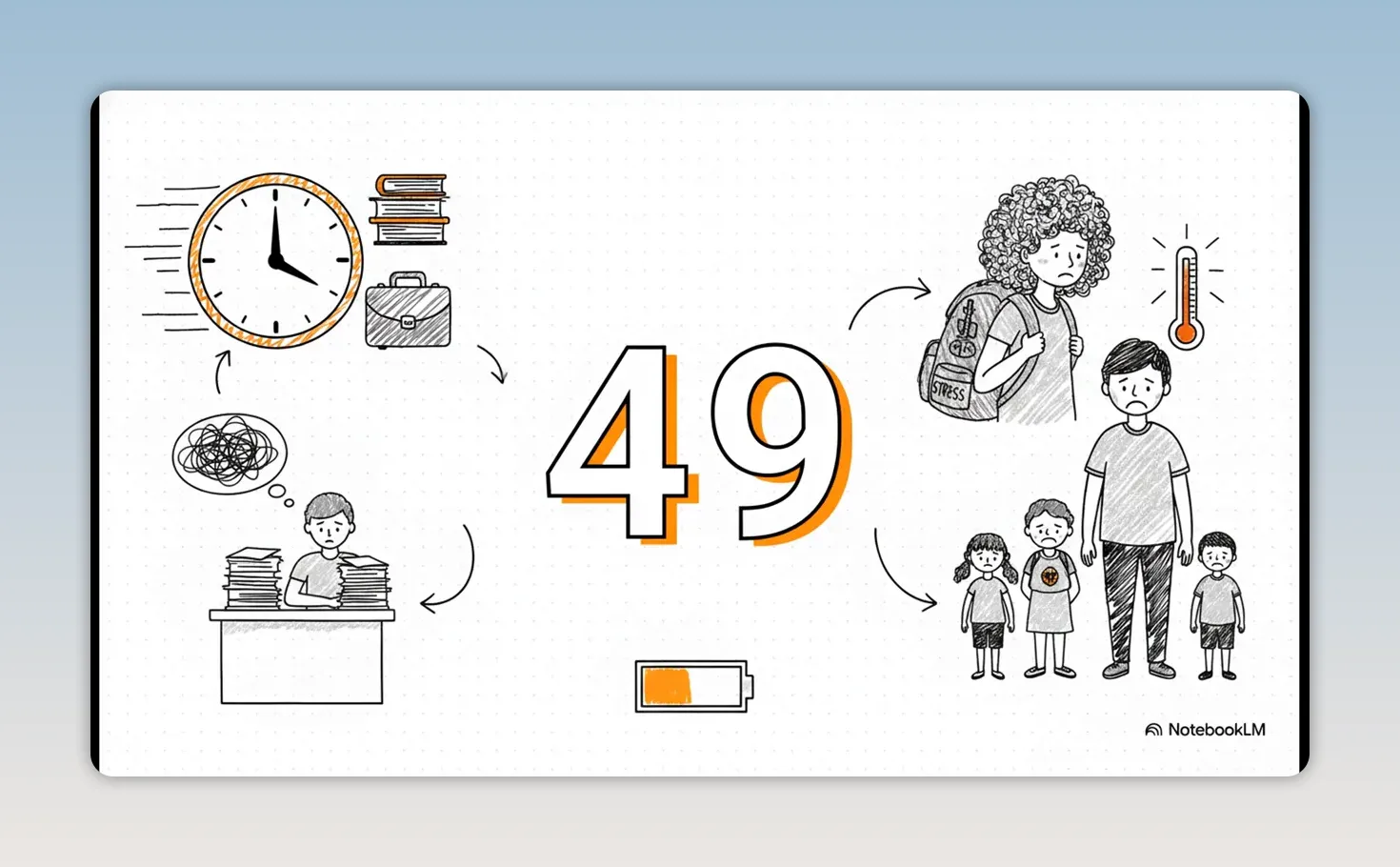 Illustration showing the number 49 with icons for clock, work, food, low battery, stressed adult, and children