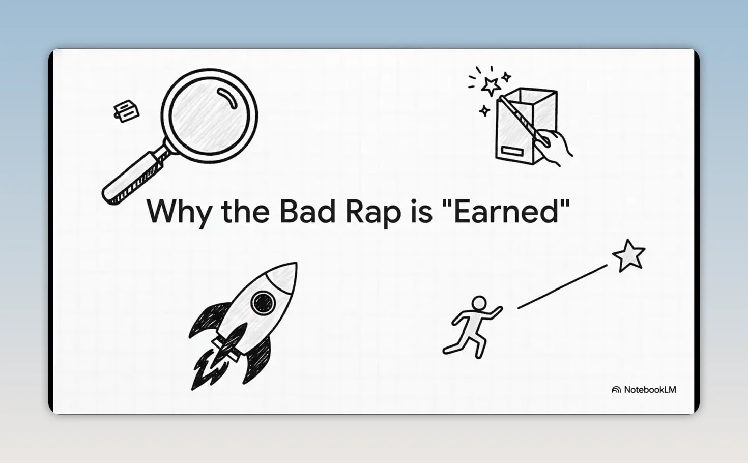 White slide with the text Why the Bad Rap is Earned surrounded by icons including a magnifying glass, rocket, envelope and running figure