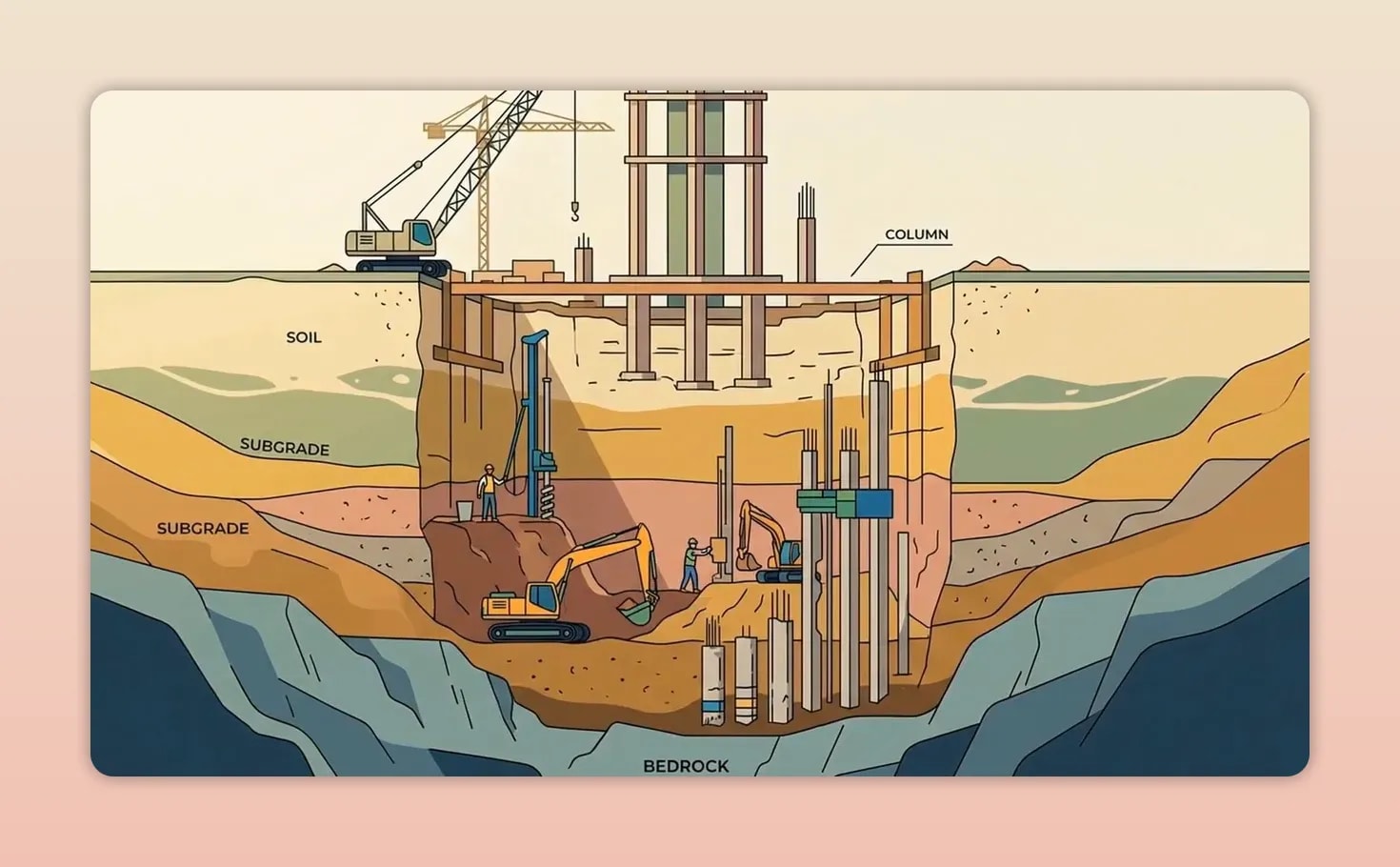 Illustration of a skyscraper construction site with deep foundations below ground