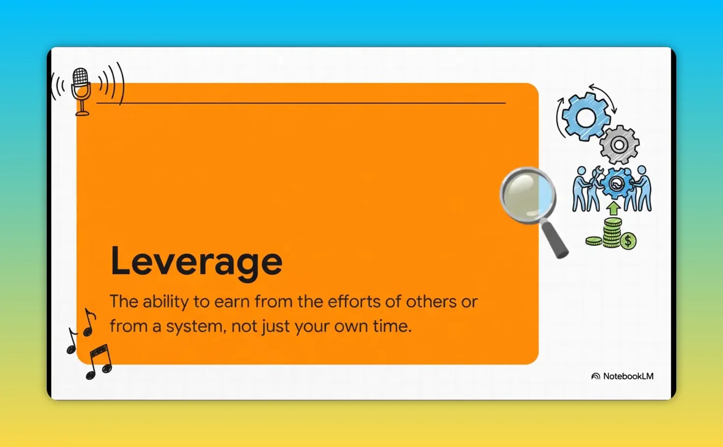 Randy Gage’s Safe Is the New Risky: Why Playing It Safe Can Be Your Biggest Financial Risk Orange slide titled Leverage with a definition about earning from others efforts or from a system