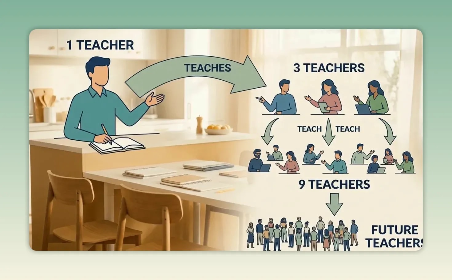 Diagram showing one teacher teaching three teachers and nine teachers