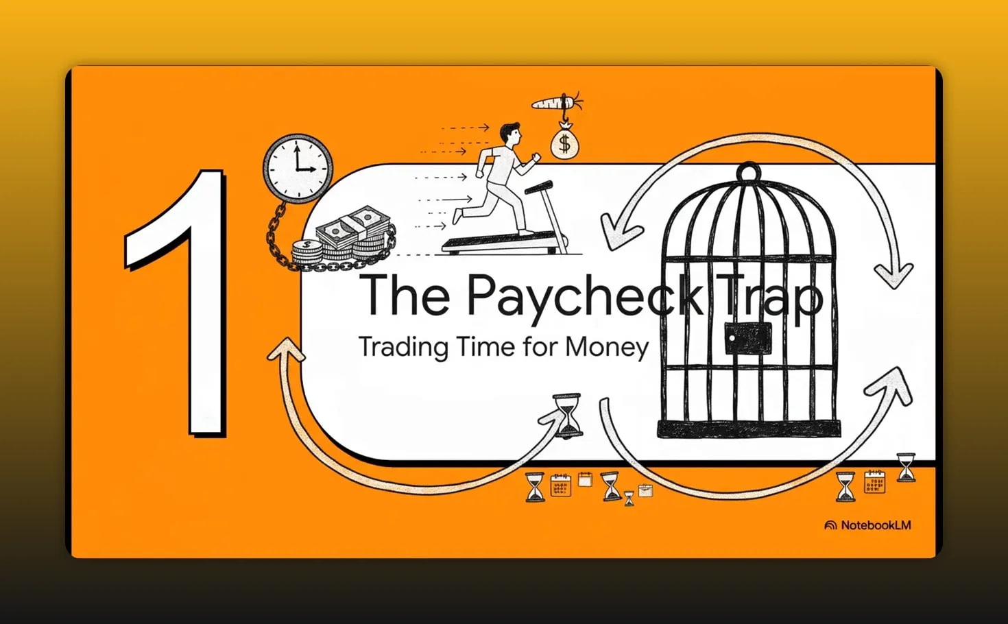 The Hidden Message in Jim Rohn's Wealth Secrets Nobody Tells You Orange slide titled The Paycheck Trap with subtitle Trading Time for Money and a birdcage illustration