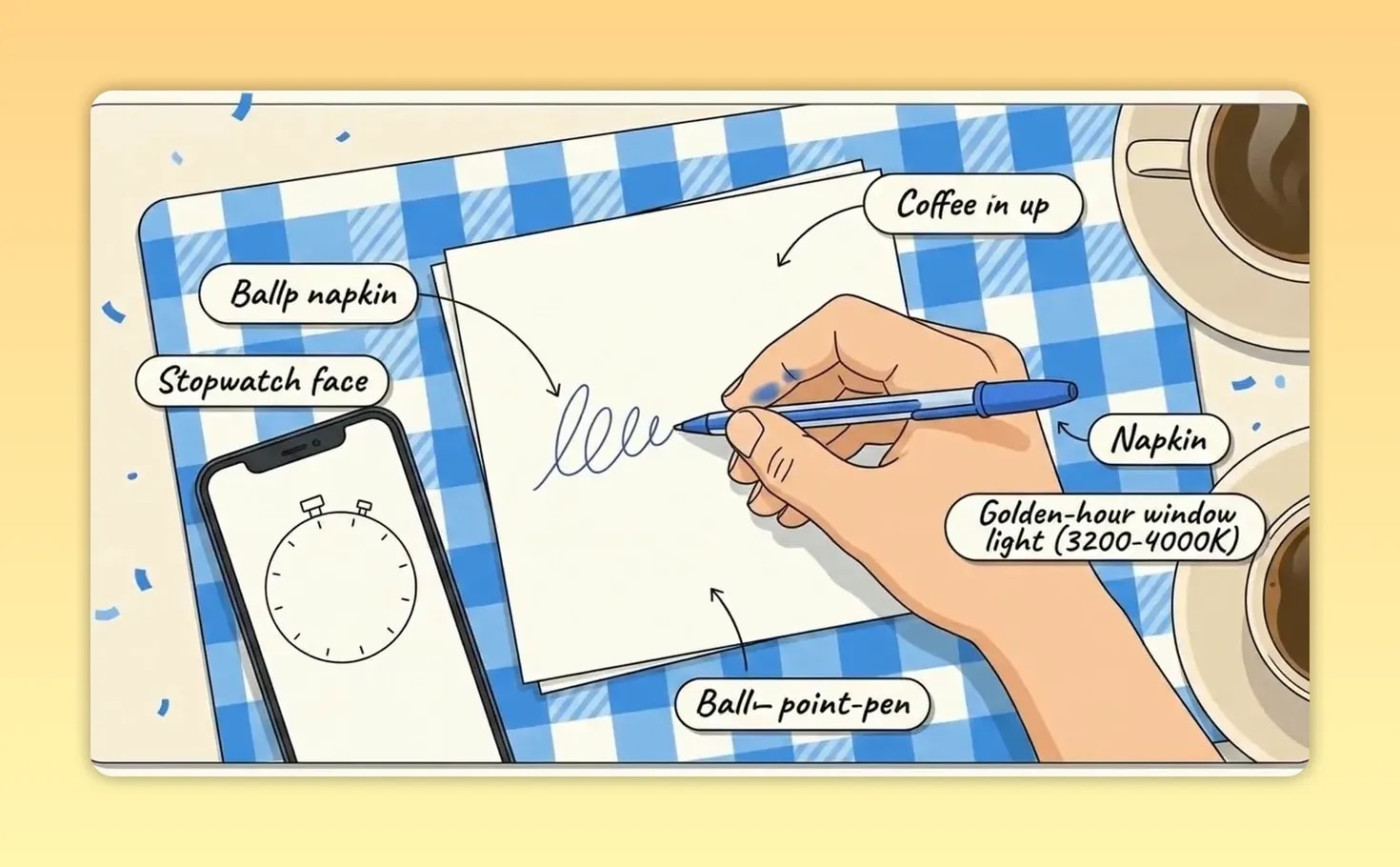 Illustration of a hand drawing on a napkin beside a stopwatch coffee cup and phone