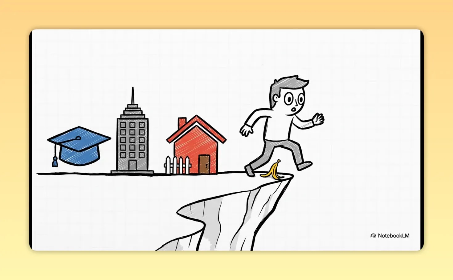 Randy Gage’s Safe Is the New Risky: Why Playing It Safe Can Be Your Biggest Financial Risk Illustration of a graduate running from school and office buildings toward a cliff edge