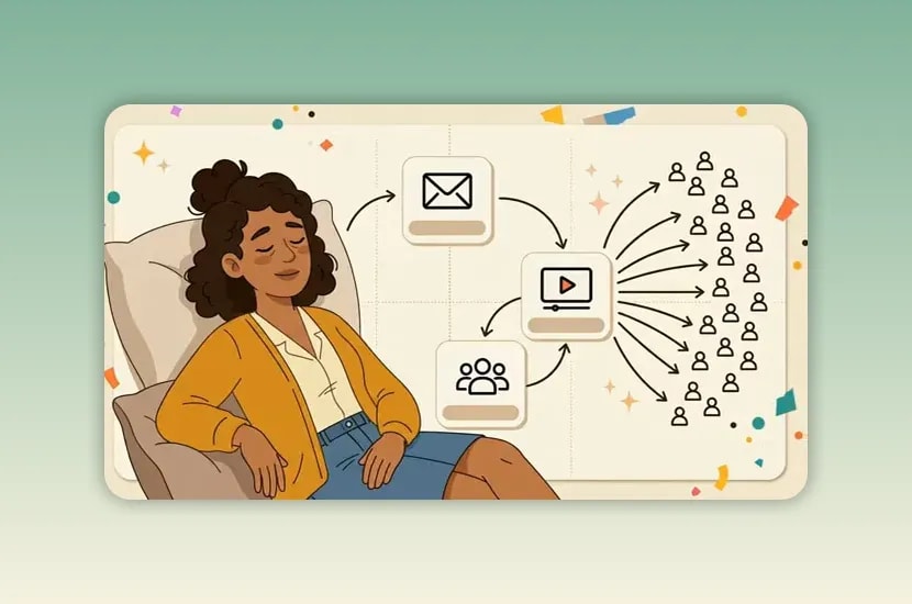 Illustration of a relaxed woman beside an invite, video tool and team diagram reaching many people