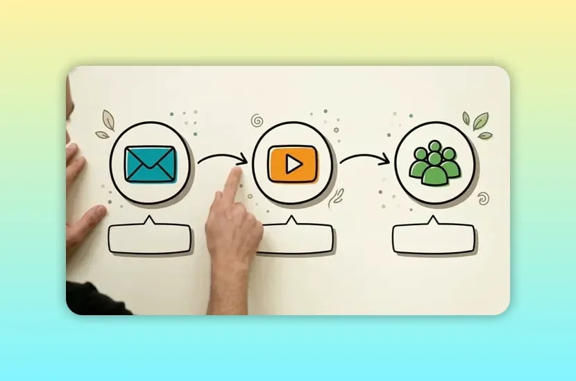 Illustration of an envelope, video play button, and group of people connected by arrows