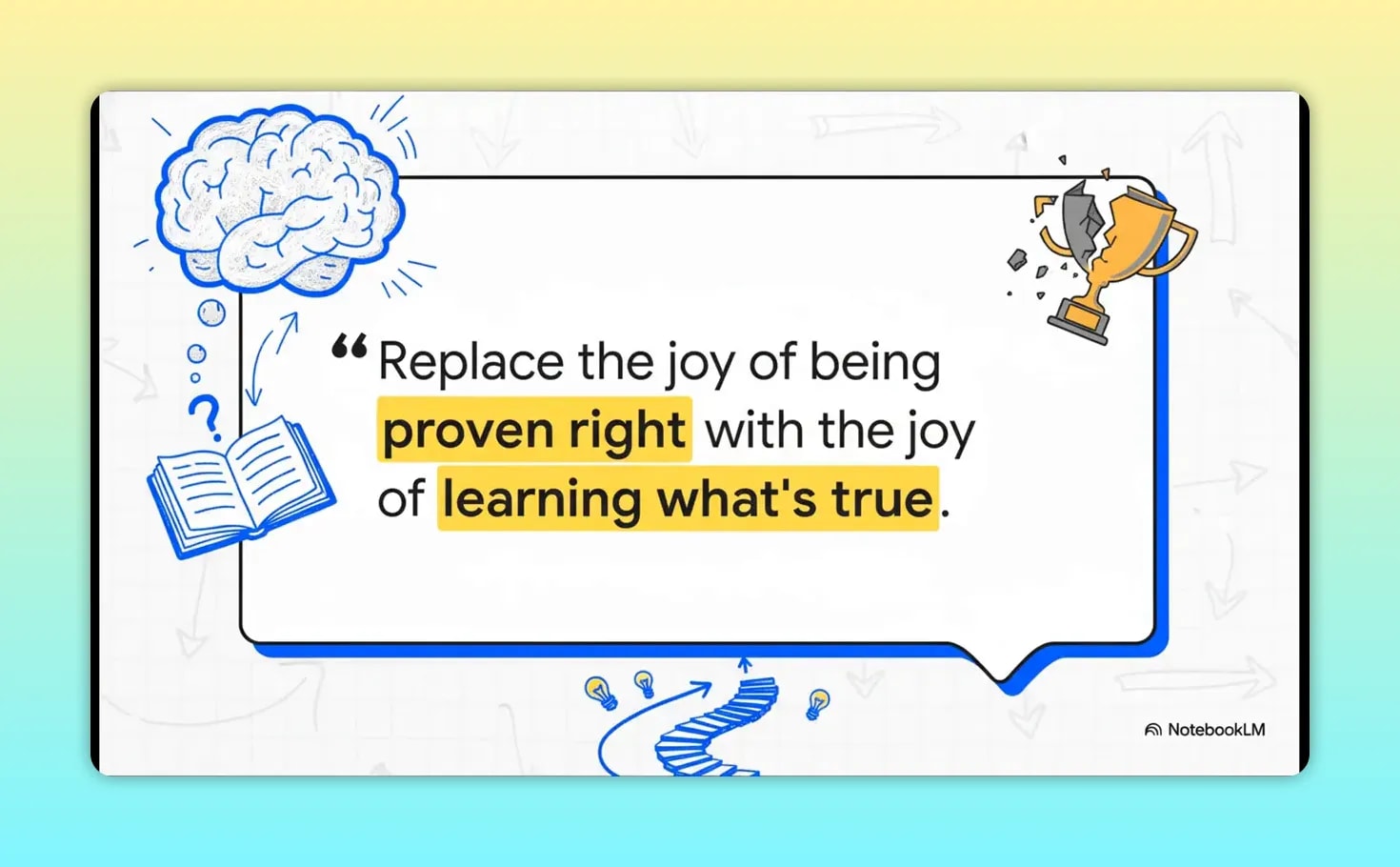 Illustrated quote about replacing the joy of being proven right with learning what is true