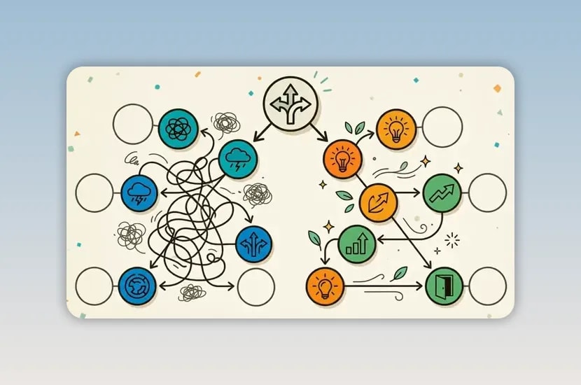 Illustration comparing a tangled workflow with a clear connected workflow