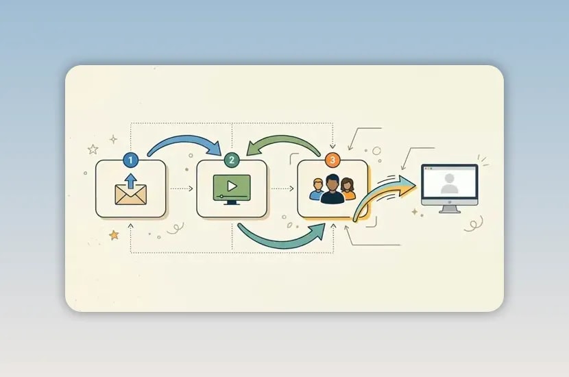 Workflow diagram with envelope, video screen, team icon and computer connected by arrows