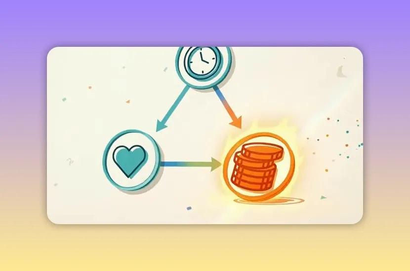Illustration of connected clock, heart, and stack of coins icons