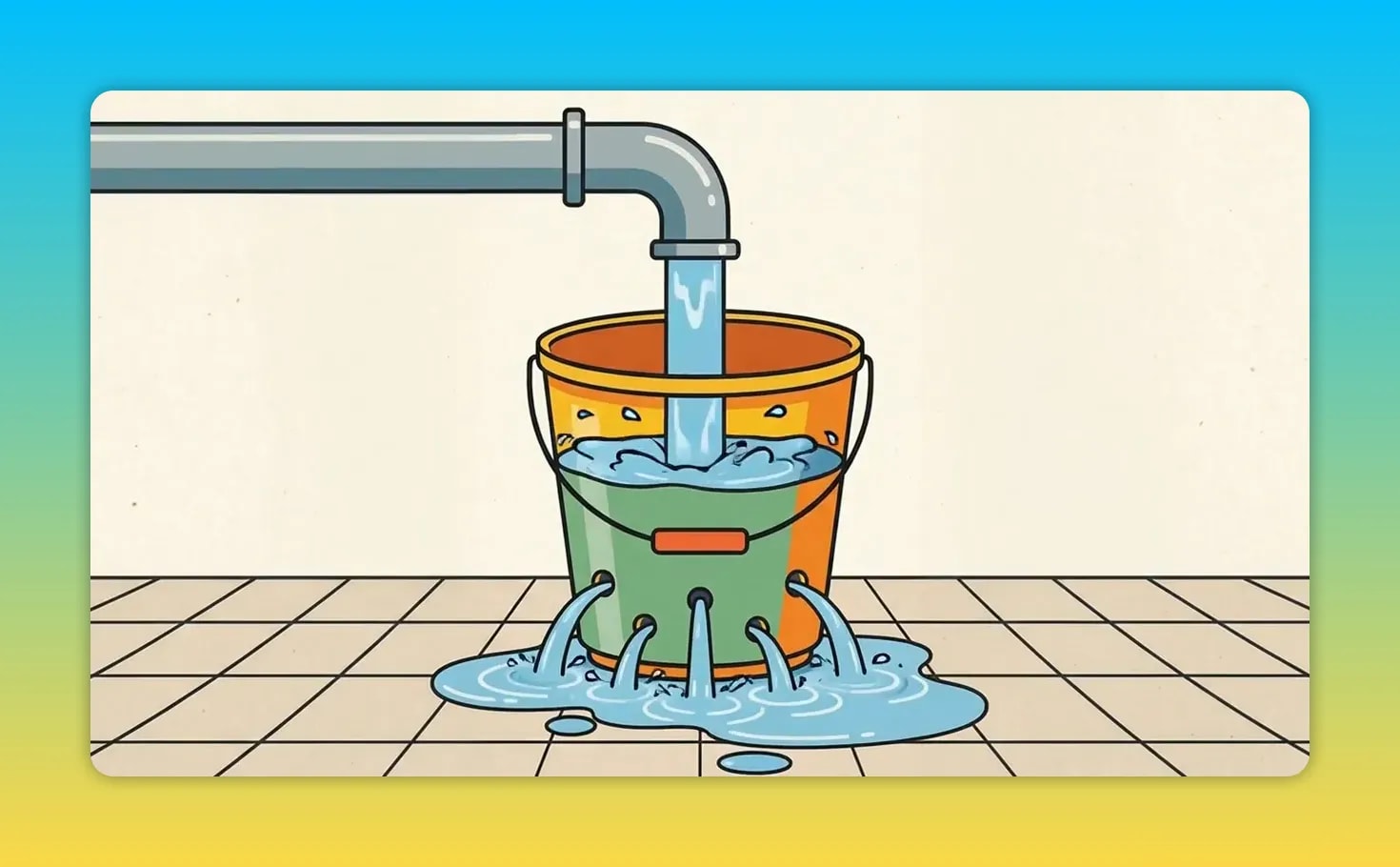 Illustrated bucket leaking water while water pours into it from a pipe