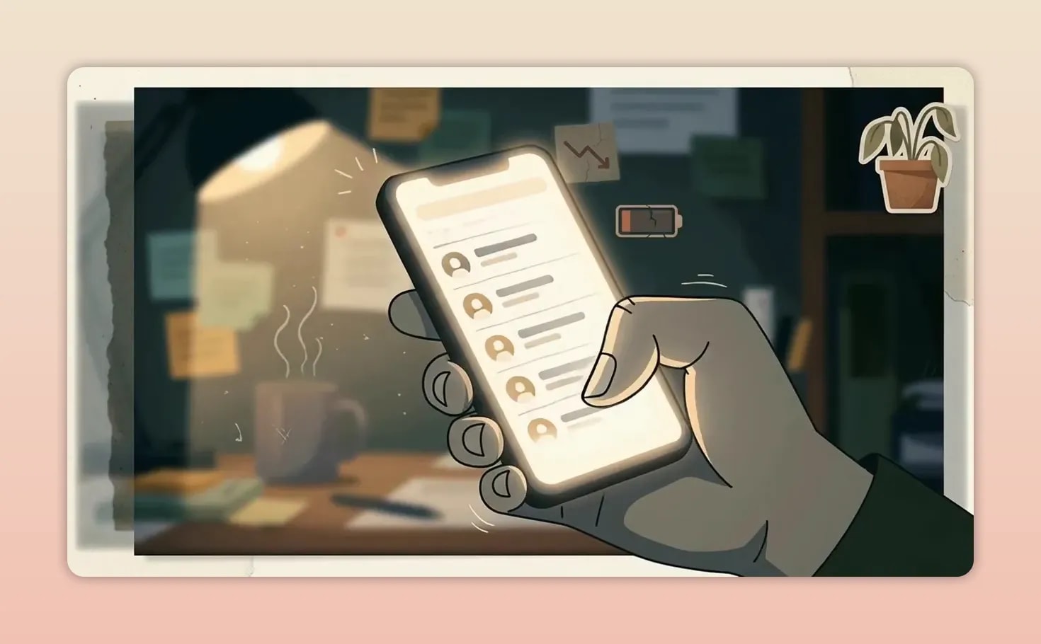 Woman sitting at a table holding a phone with her head in her hand