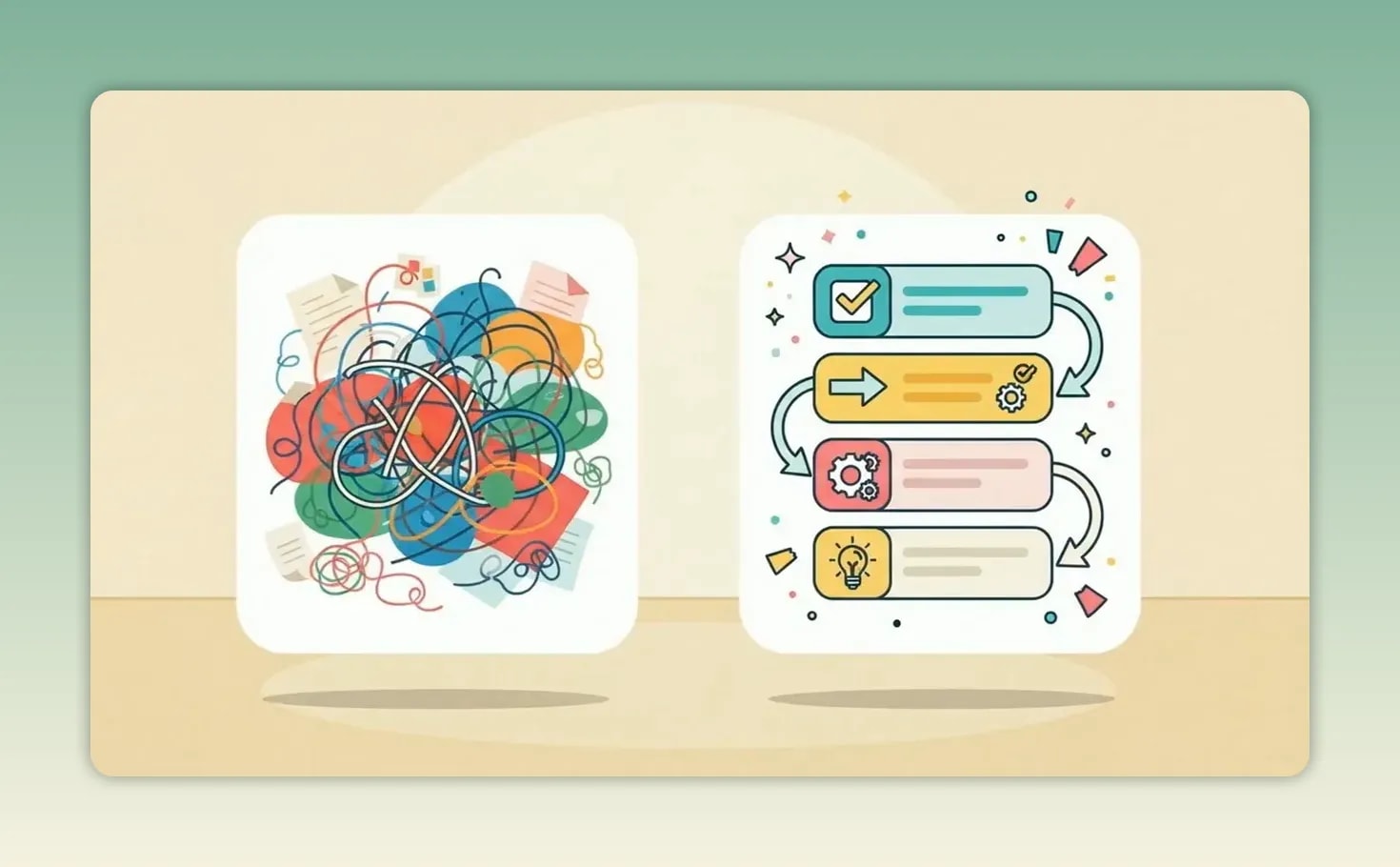 Illustration comparing a tangled cluster of lines with an orderly checklist