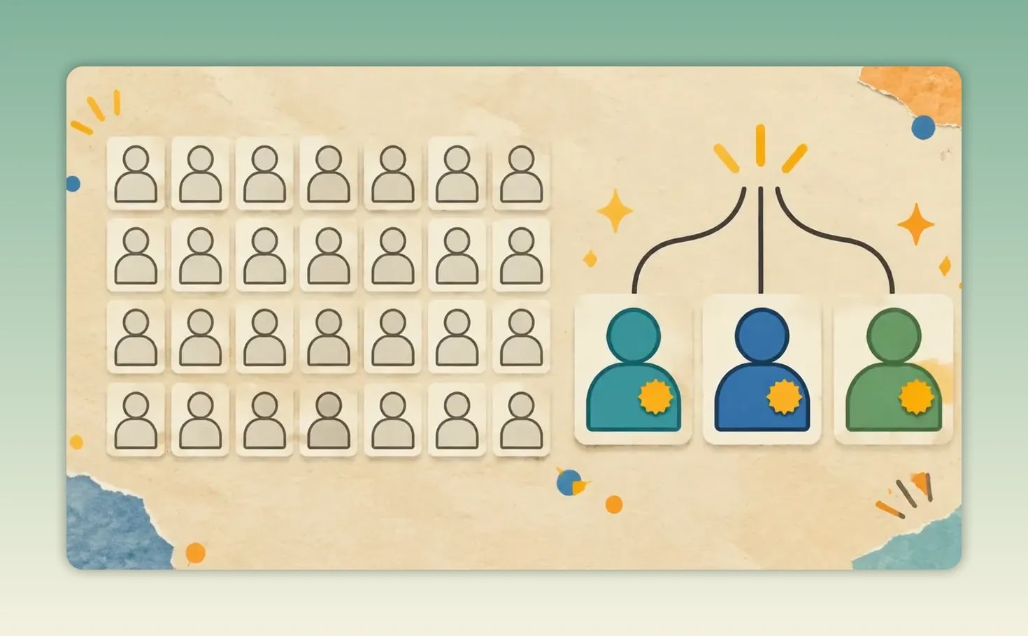 Diagram contrasting a grid of people with three connected figures wearing badges